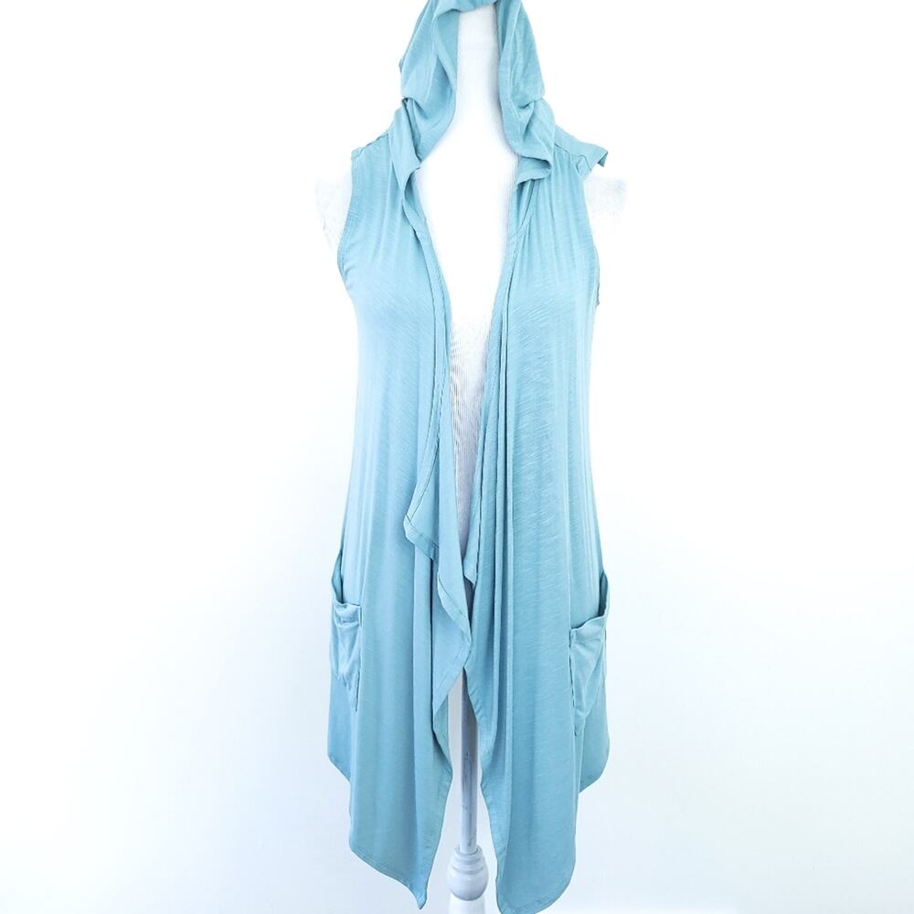 LOGO Lori Goldstein Blue Hooded Vest XSmall Lagenlook Coastal Grandma Casual